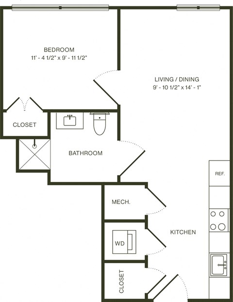 Floor plan for 1 bed, 1 bath, 523 sqft